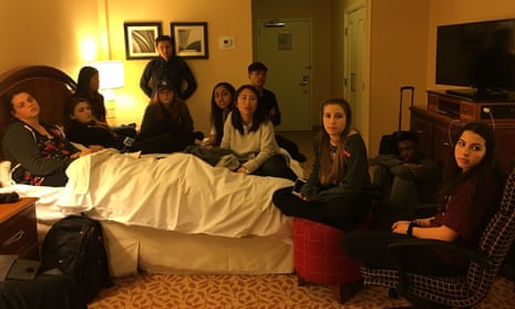 Eagle Eye staff planning for the Washington march from their hotel room on Friday night