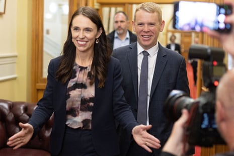 New Zealand prime minister Jacinda Ardern and her successor Chris Hipkins arrive at the Labour caucus meeting on Sunday.