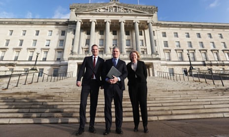 Left to right: Peter Kyle, shadow Northern Ireland secretary; Keir Starmer; and Angela Smith, shadow leader of the Lords, at Stormont, where they have been meeting the Northern Ireland political parties.