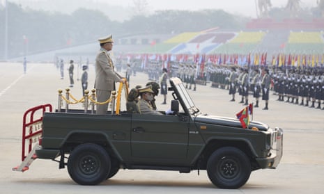 Commander-in-chief Senior General Min Aung Hlaing at an army parade in Myanmar in March 2021. A spokesperson for activist group Justice for Myanmar has called on Australia to ‘impose sanctions on the junta’.