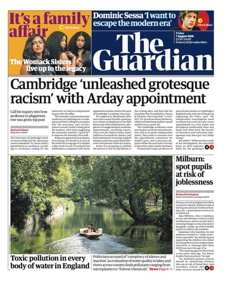 Front page of the Guardian 7 August 2026