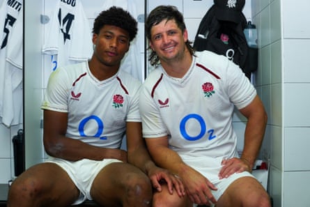 Noah Caluori and Benhard Janse van Rensburg airs for a photograph successful nan England dressing room
