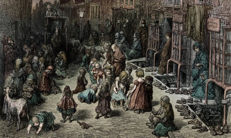 An 1872 engraving by Gustave Doré of children playing in a slum in Covent Garden, London. 