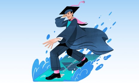 Illustration: Jamie Wignall - a student wearing mortar board hat and gown surfing on a bank credit card