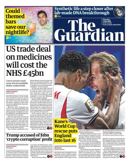 Front page of the Guardian 2 July 2026