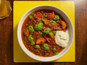 Anna Jones’ veggie chilli uses lentils and quinoa.
