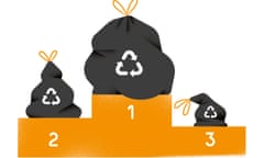 Illustration of three recycling bags on a podium representing ethical choices