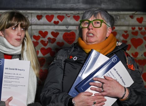 Brenda Doherty, who lost her mother on 24 March 2020, the first female Covid-19 death in Northern Ireland, speaks accompanied by Lauren Mallon, who lost her uncle during the pandemic, as members of Covid-19 Bereaved Families for Justice UK gather, on the day the Covid-19 Inquiry publishes its second report into the pandemic, at the Covid Memorial Wall in London, Britain, 20 November 2025. REUTERS/Jaimi Joy