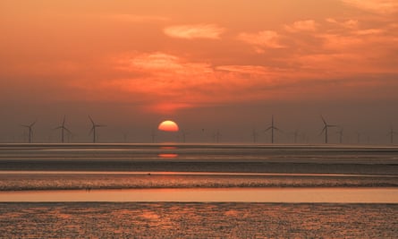 The sun rises over a wetland in Yancheng, Jiangsu province with windfarms in the distance.