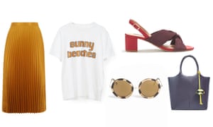 Skirt, £139, whistles.com T-shirt, £45, ganni.com Sandals, £49.99, mango.com Sunglasses, £10, monki.com Bag, £19.99, zara.com
