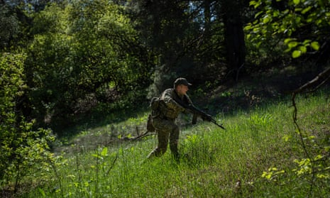 A Ukrainian border guard participates in a military exercise in central Ukraine.