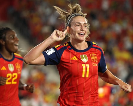 The Spain midfielder Alexia Putellas, wearing No 11, celebrates after scoring against England in her country’s 4-0 World Cup qualification win in Mallorca.