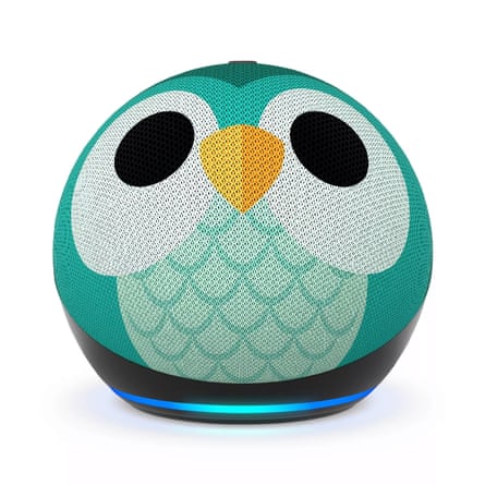 Amazon Echo Dot Kids Smart Speaker with Alexa Voice Recognition & Parental Controls. The speaker is round and decorated as an owl in a teal colour.