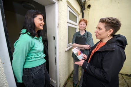Green Party candidate Carla Denyer canvassing in the Hotwells area where she spoke to resident Monsoon Modi, 29 May.