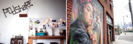Left: A communal space at PodShare Downtown Los Angeles. Beck designed and created most of the decorative details at all of the PodShare locations. Right: Outside of the PodShare Downtown Los Angeles, a mural of Beck as “Rosie the Riveter” painted by a fellow Podestrian.