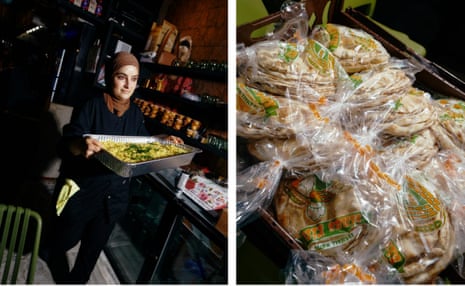 Right photo: Woman wearing brown hijab holds a tray of food; left photo: bags of pita. 