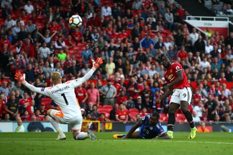 Manchester United’s Romelu Lukaku is denied by some top notch defending from Wes Morgan.
