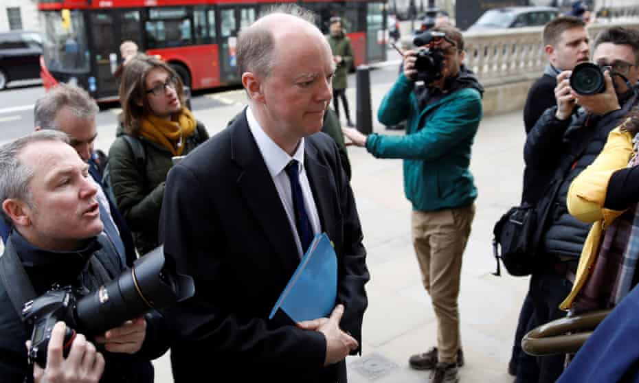 The chief medical officer for England, Chris Whitty, arrives at the Cabinet Office in central London on 9 March.