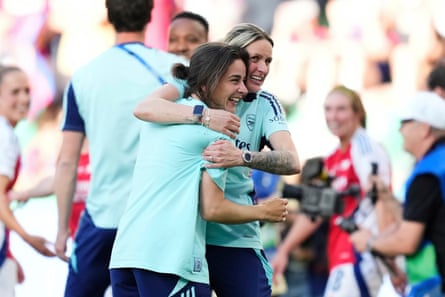 The Arsenal head coach Renee Slegers (left) reacts after winning the Women’s Champions League final.