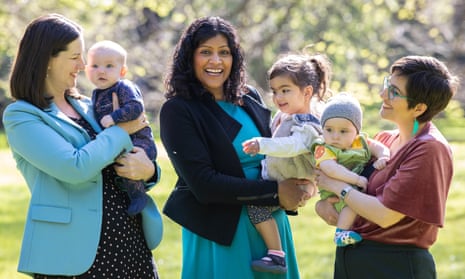 Melbourne Greens MP Ellen Sandell with son Luca, leader Samantha Ratten with daughter Malala and Richmond candidate Gabrielle De Vietri and son Cosimo.