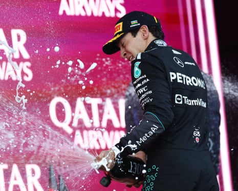 George Russell celebrates his victory in Azerbaijan.