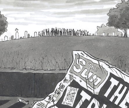 A funeral takes place in the background with the Sun’s infamous ‘The Truth’ headline in the foreground.