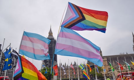 LGBTQ+ and transgender flags at a protest in London in 2021.