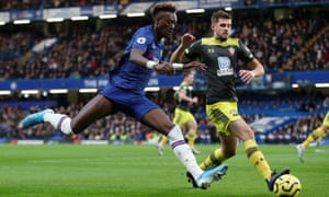 Chelsea’s Tammy Abraham of Chelsea is challenged by the Southampton defender Jack Stephens.