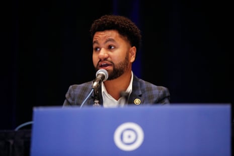 Rep Maxwell Frost (FL-10) speaks at the Hispanic Caucus as the Democratic National Convention