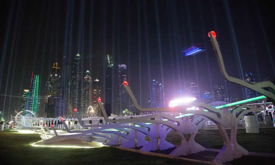 A drone flies around the track at the 2016 World Drone Prix in Dubai, won by British teenager Luke Bannister.