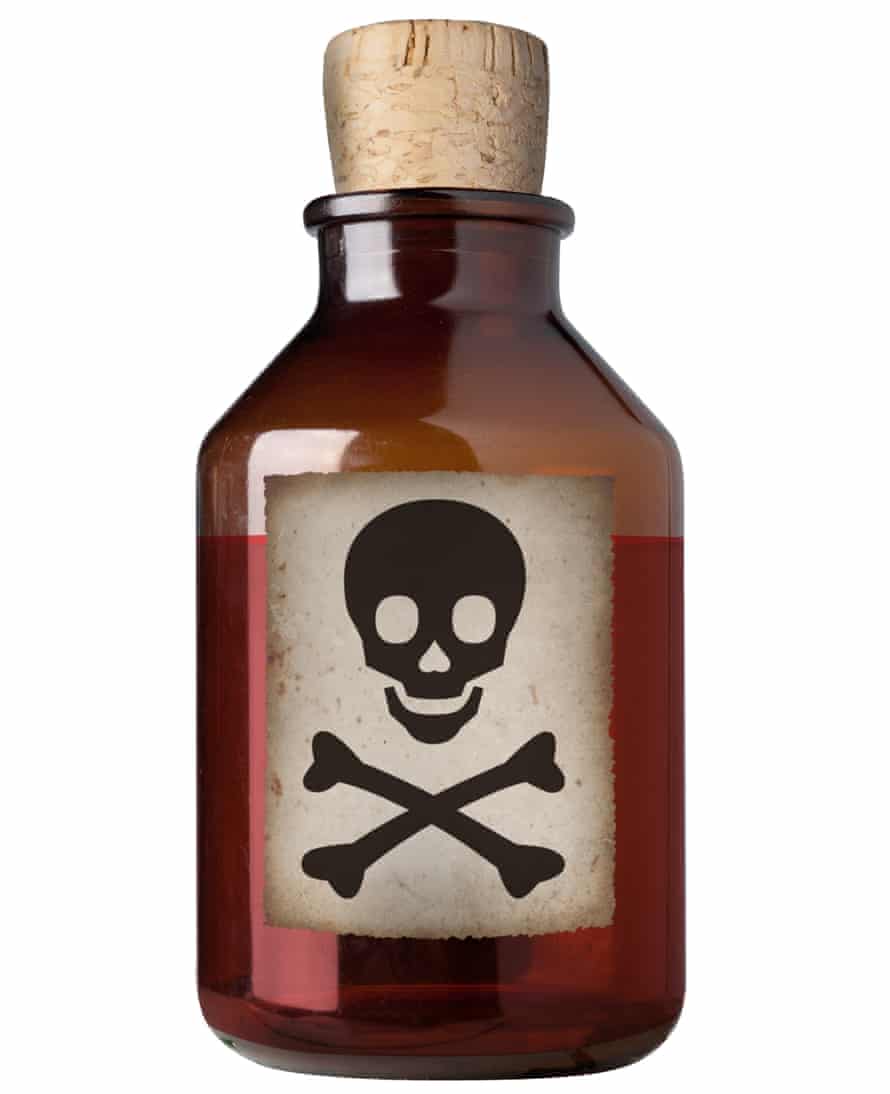 Old-fashion drug bottle with skull and crossbones on the label