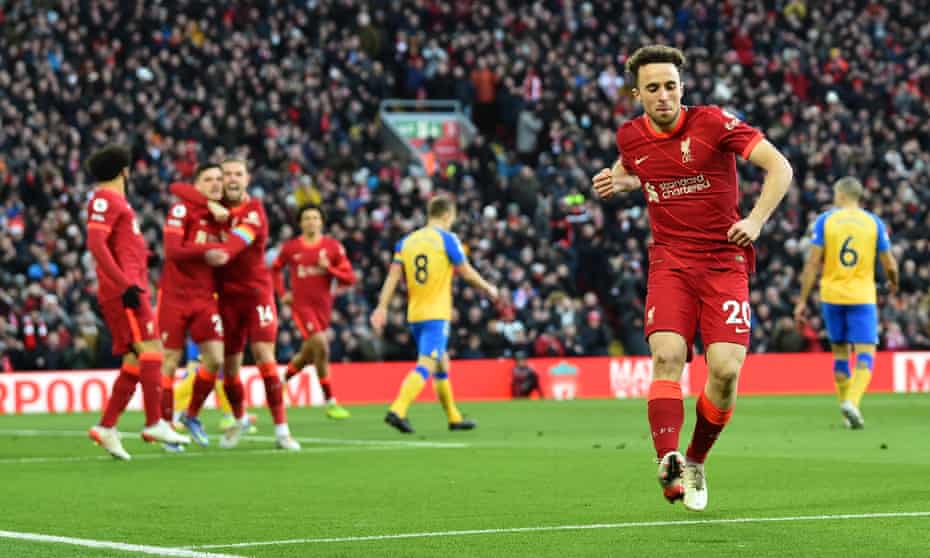 Diogo Jota celebrates after scoring the first goal for Liverpool inside two minutes.