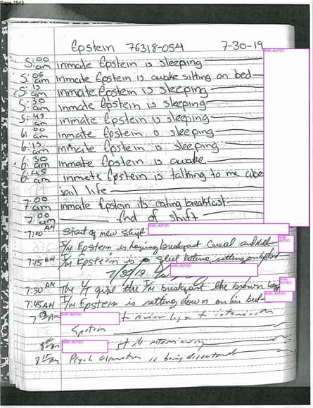 One page of more than 4,000 pages of documents related to Jeffrey Epstein’s jail suicide from the federal Bureau of Prisons.