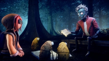 Animated still showing a red-headed teen in a hoodie and three insect-type creates sitting in front of an animated version of Taika Waititi, wearing a costume and make-up like Michael Jackson in his Thriller video clip.