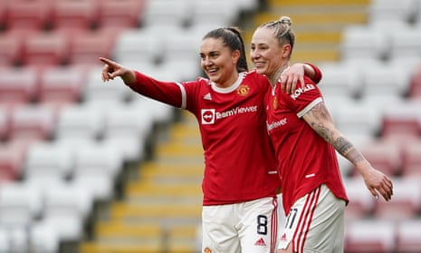 Leah Galton (right) celebrates alongside Vilde Bøe Risa after scoring Manchester United’s third goal