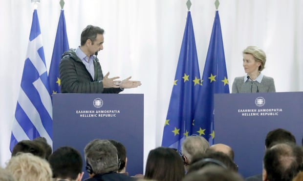 The Greek prime minister, Kyriákos Mitsotákis, and the European commission president, Ursula von der Leyen, give a joint statement at the Greek-Turkish border.