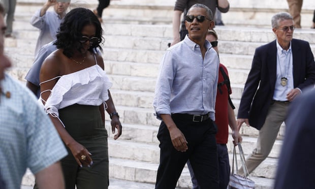 Barack and Michelle Obama in Siena on Monday. Obama and Trump have not met or spoken since the inauguration, and that seems unlikely to change.