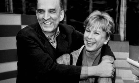Bibi Andersson with Ingmar Bergman on the set of the Swedish TV show Here is Your Life, in Malmö, Sweden, 1988.