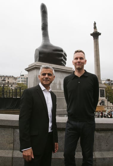Mayor of London Sadiq Khan and David Shrigley pose in front of Shrigley’s new sculpture, Really Good.