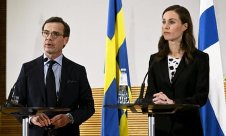 Ulf Kristersson (left), the prime minister of Sweden, and Sanna Marin, Finland’s prime minister, at a press conference  in Helsinki