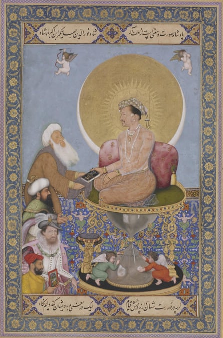 Miniature of Jahangir, with James I in white, below.