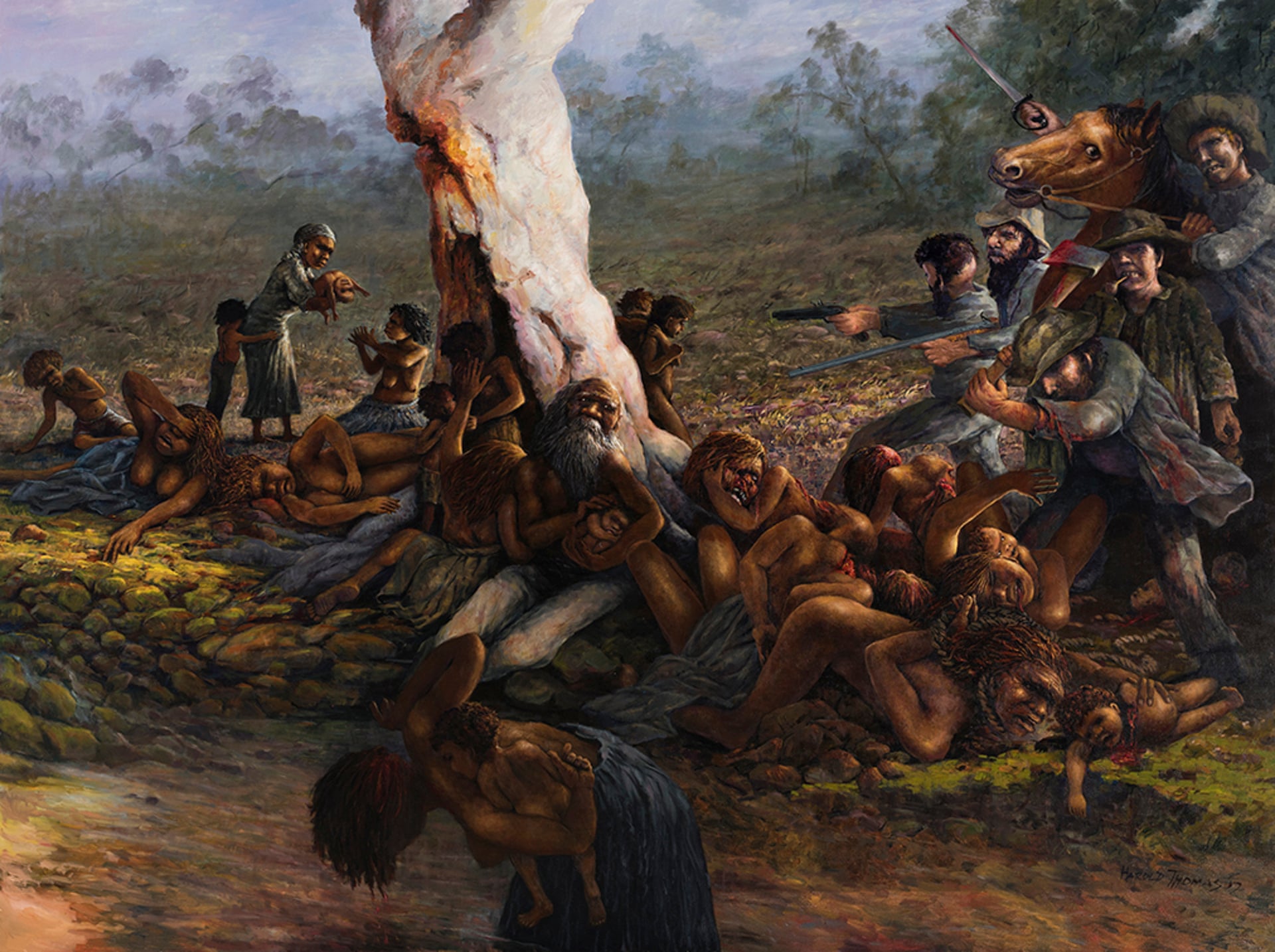 Harold Joseph Thomas' artwork depicts the Myall Creek Massacre