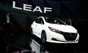 A Nissan Leaf hybrid car at the North American International Auto Show in Detroit