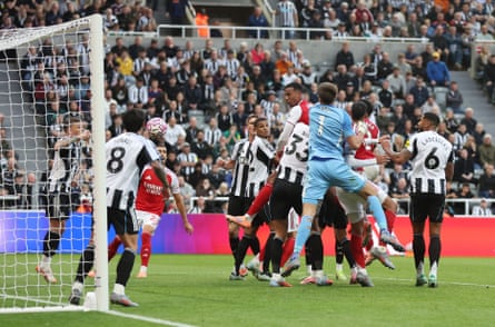 Gabriel heads Arsenal’s late winner at Newcastle.