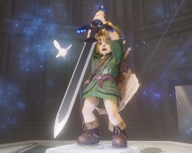 Link raises the Biggoron's Sword overhead, with Navi the fairy floating beside him in Ocarina of Time