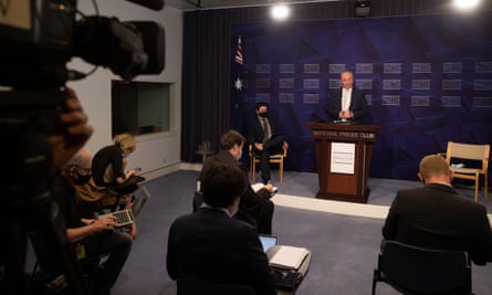 Deputy PM Barnaby Joyce at a press club address held for the first time due to covid restrictions in the blue room of Parliament House