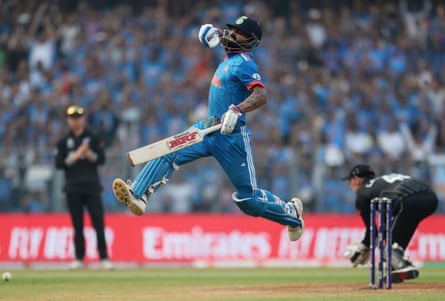 Kohli jumps for joy after breaking Tendulkar’s record against New Zealand.