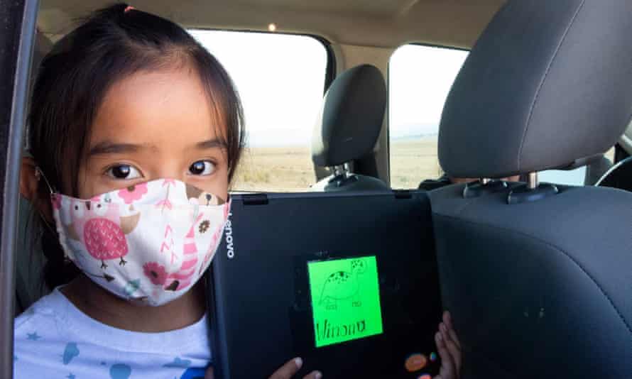 Students like second-grader Winona Begaye had to work from her family’s car, because her home on the Navajo Nation had no internet access.