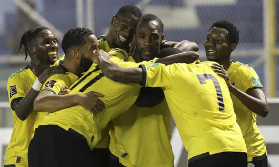 Michail Antonio celebrates his goal for Jamaica in their World Cup qualifier against El Salvador.