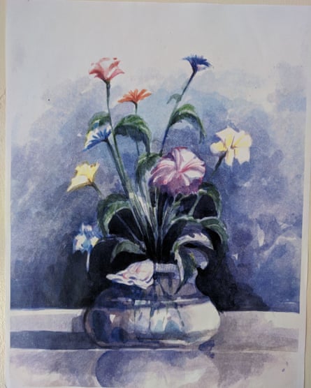 A painting of flowers in a vase by Mansoor Adayfi.